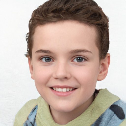 Joyful white child female with short  brown hair and grey eyes