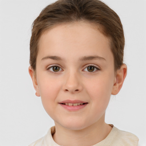 Joyful white child female with short  brown hair and brown eyes