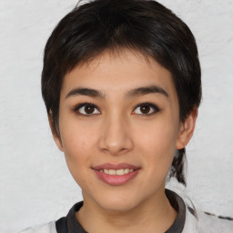 Joyful white young-adult female with medium  black hair and brown eyes