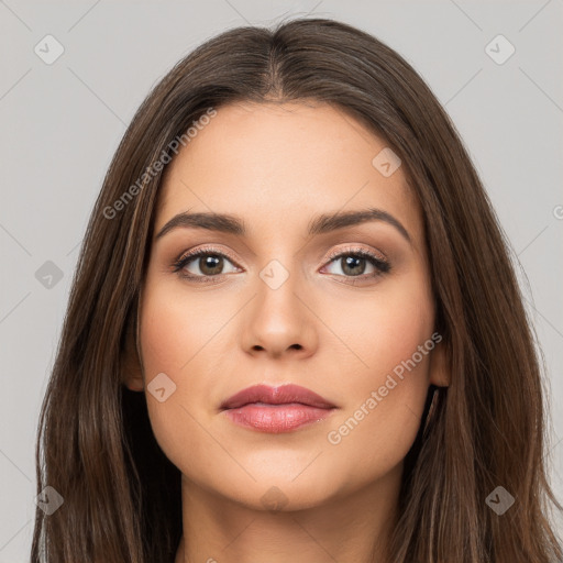 Neutral white young-adult female with long  brown hair and brown eyes