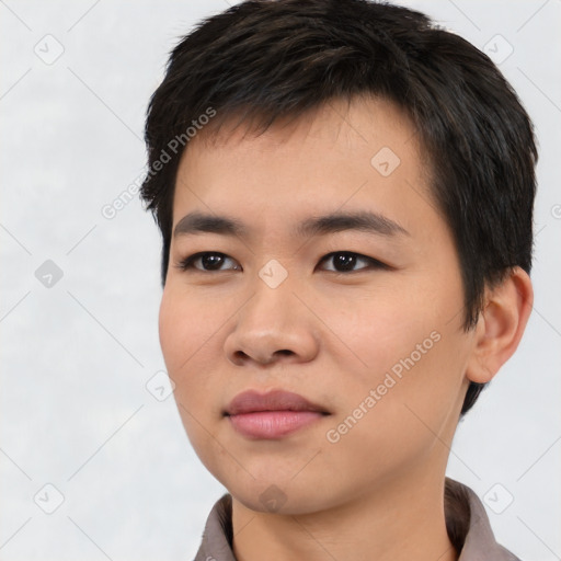 Neutral asian young-adult male with short  black hair and brown eyes