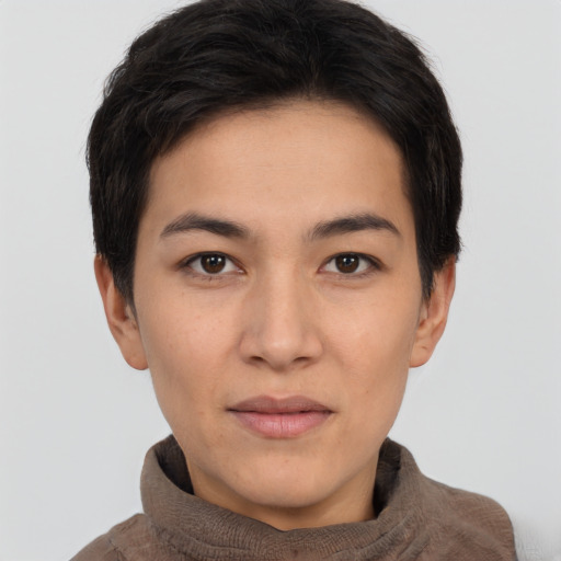 Neutral white young-adult female with short  brown hair and brown eyes