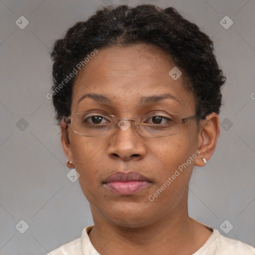 Neutral black adult female with short  brown hair and brown eyes