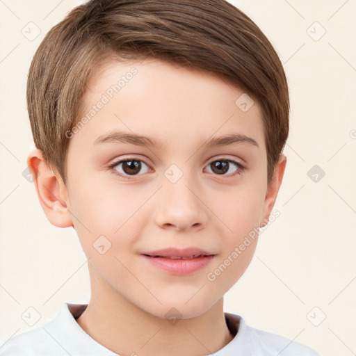 Joyful white child female with short  brown hair and brown eyes