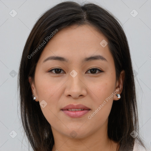 Joyful asian young-adult female with medium  brown hair and brown eyes