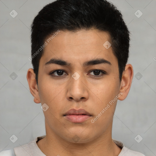 Neutral latino young-adult male with short  black hair and brown eyes
