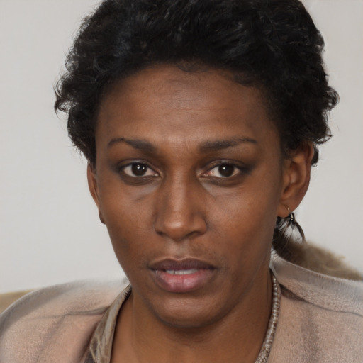 Neutral black young-adult female with short  brown hair and brown eyes