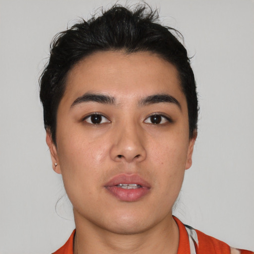 Neutral latino young-adult female with short  black hair and brown eyes