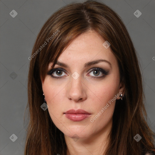 Neutral white young-adult female with long  brown hair and brown eyes