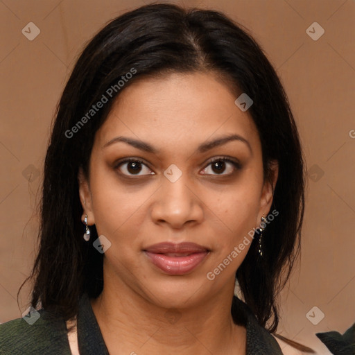 Joyful black young-adult female with medium  brown hair and brown eyes