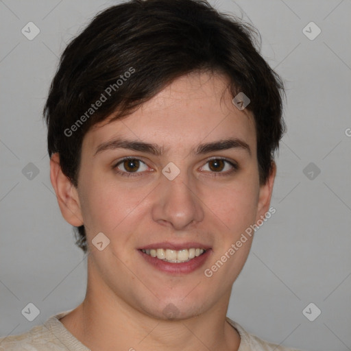 Joyful white young-adult female with short  brown hair and brown eyes