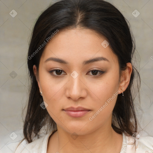 Neutral asian young-adult female with medium  brown hair and brown eyes