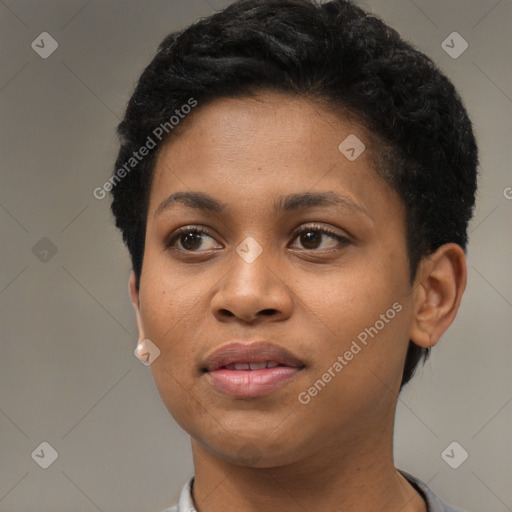 Neutral black young-adult female with short  black hair and brown eyes