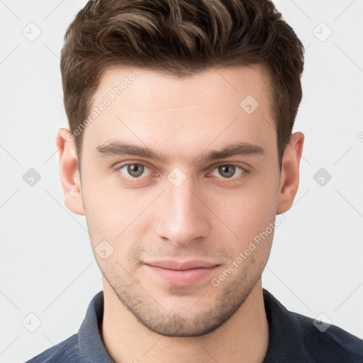 Neutral white young-adult male with short  brown hair and grey eyes