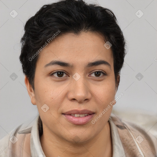 Joyful latino young-adult female with short  brown hair and brown eyes