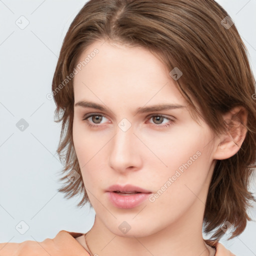 Neutral white young-adult female with medium  brown hair and brown eyes