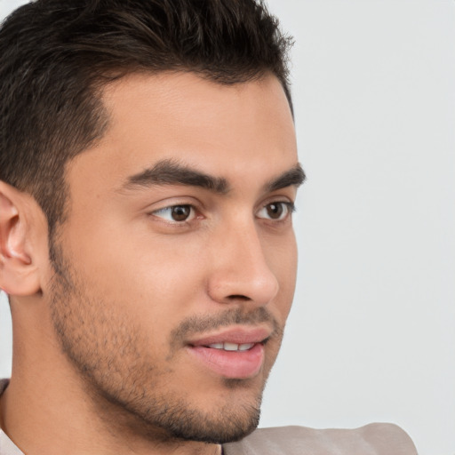 Neutral white young-adult male with short  brown hair and brown eyes