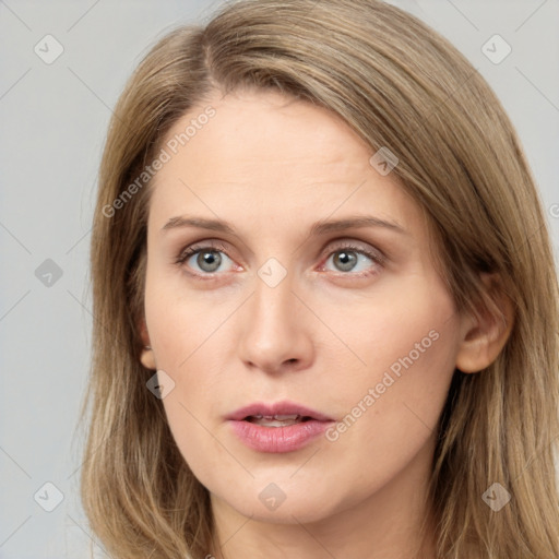 Neutral white young-adult female with long  brown hair and brown eyes