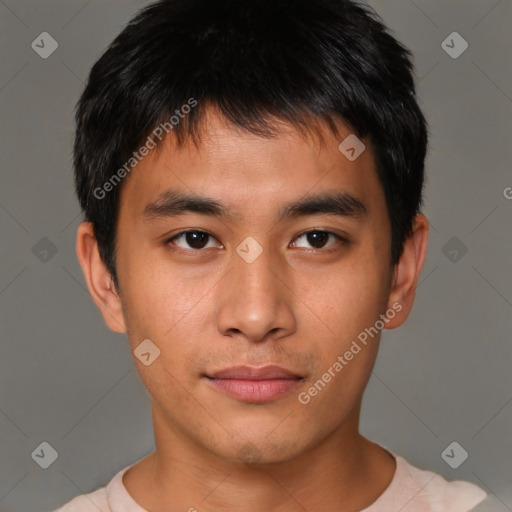 Neutral asian young-adult male with short  brown hair and brown eyes