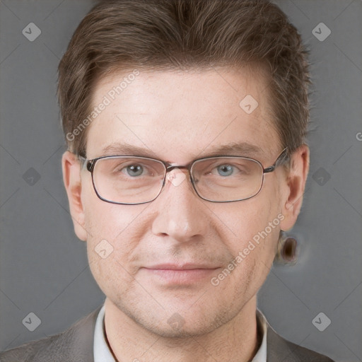 Joyful white adult male with short  brown hair and grey eyes