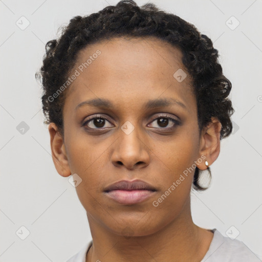 Neutral black young-adult female with short  brown hair and brown eyes