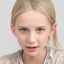 Neutral white child female with medium  brown hair and blue eyes