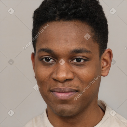 Joyful black young-adult male with short  black hair and brown eyes