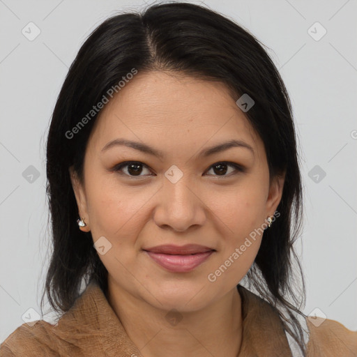 Joyful latino young-adult female with medium  brown hair and brown eyes