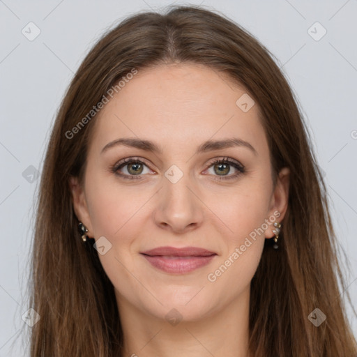 Joyful white young-adult female with long  brown hair and green eyes