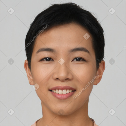 Joyful asian young-adult female with short  black hair and brown eyes