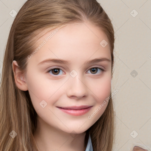 Joyful white child female with long  brown hair and brown eyes