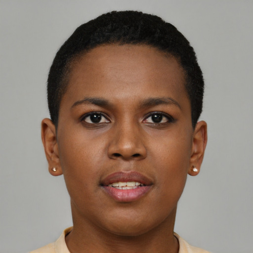 Joyful black young-adult female with short  brown hair and brown eyes