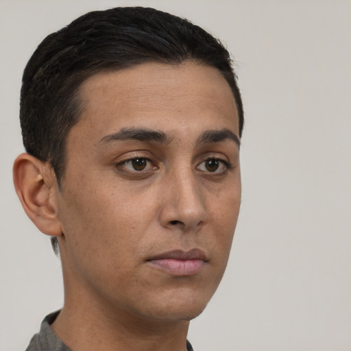 Neutral white young-adult male with short  black hair and brown eyes
