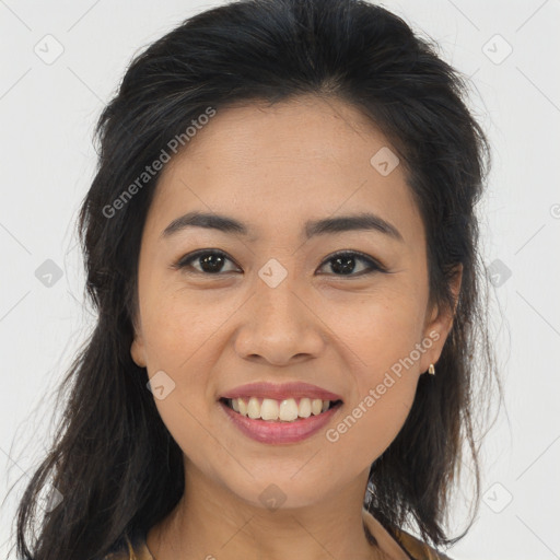 Joyful asian young-adult female with long  brown hair and brown eyes