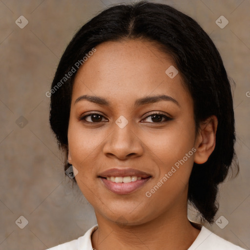 Joyful latino young-adult female with medium  black hair and brown eyes