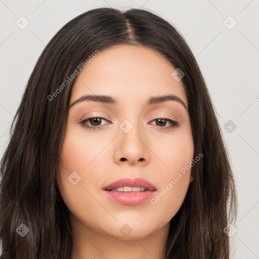 Neutral asian young-adult female with long  brown hair and brown eyes