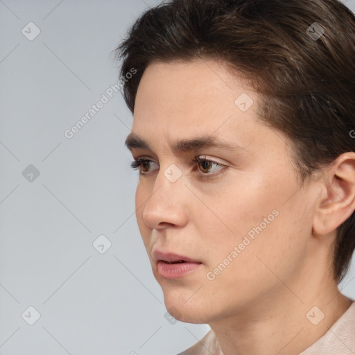 Neutral white young-adult female with short  brown hair and brown eyes