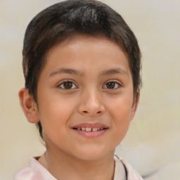 Joyful white child female with short  brown hair and brown eyes