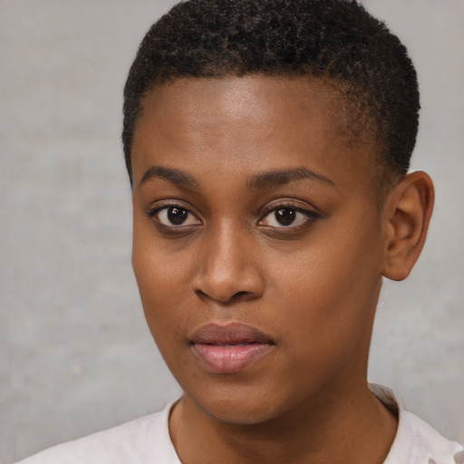 Neutral black young-adult female with short  brown hair and brown eyes