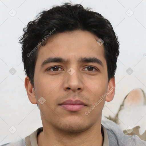 Neutral asian young-adult male with short  black hair and brown eyes