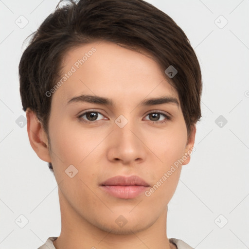 Neutral white young-adult female with short  brown hair and brown eyes