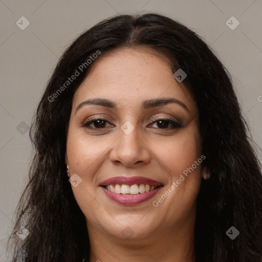 Joyful latino young-adult female with long  brown hair and brown eyes