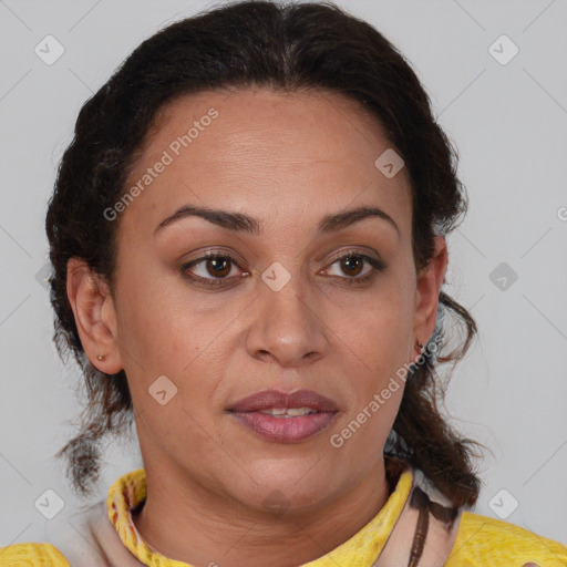 Joyful latino young-adult female with medium  brown hair and brown eyes