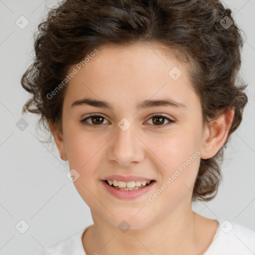 Joyful white child female with medium  brown hair and brown eyes