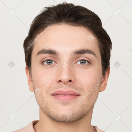 Neutral white young-adult male with short  brown hair and brown eyes