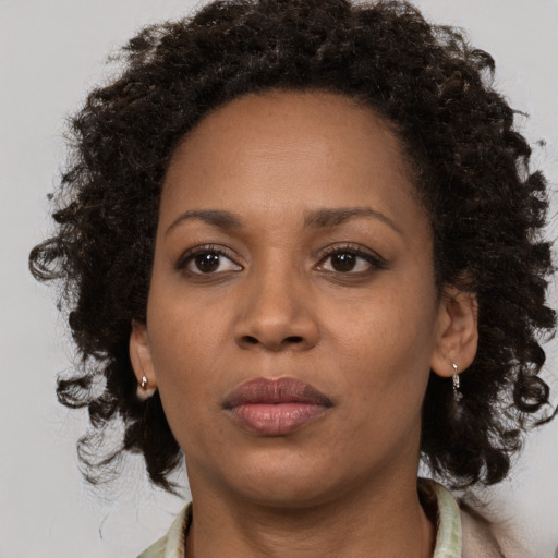 Neutral black adult female with medium  brown hair and brown eyes