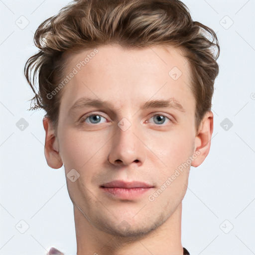 Neutral white young-adult male with short  brown hair and grey eyes