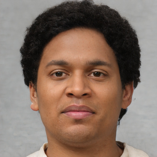 Neutral black young-adult male with short  brown hair and brown eyes