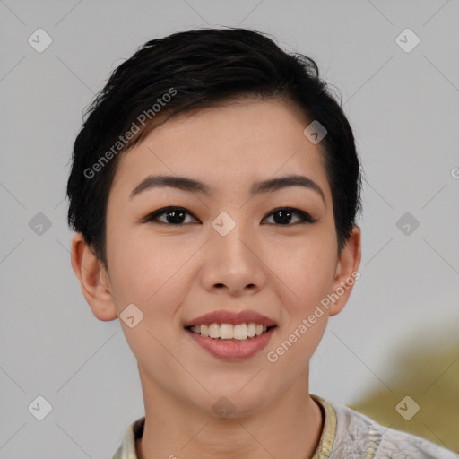 Joyful asian young-adult female with short  black hair and brown eyes