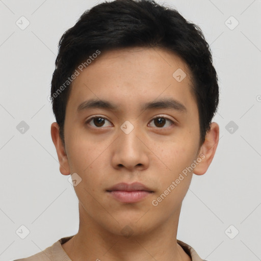 Neutral asian young-adult male with short  black hair and brown eyes